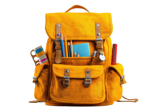 Bright yellow backpack filled with school supplies against a transparent background