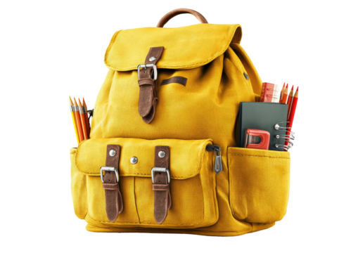Yellow canvas backpack filled with school supplies; visible side pockets and buckles