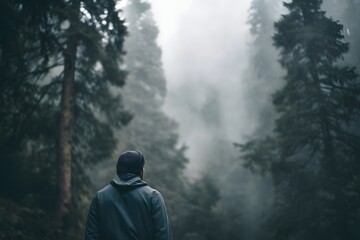 Man gazes into the foggy forest with a sense of mystery and anticipation
