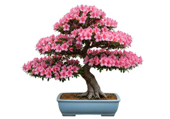Isolated pink flowering Azalea bonsai tree in pot, potted, decorative, zen style object