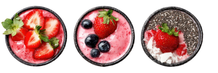Three bowls, overhead view, feature various toppings on a pink base, offering a colorful presentation