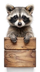 Adorable raccoon sitting on a white background with paws over a wooden sign bearing the phrase