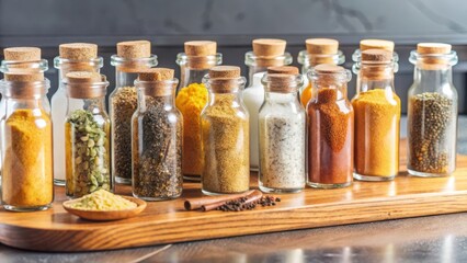 Assorted glass bottles filled with various spices and herbs arranged on a wooden cutting board