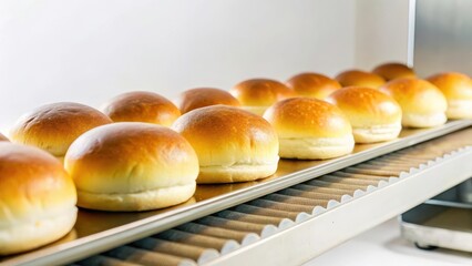 Softly glowing fresh burger buns sliding on a conveyer belt through a cozy bakery atmosphere