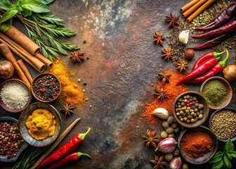Exotic spices and herbs arranged artfully on a weathered stone slab