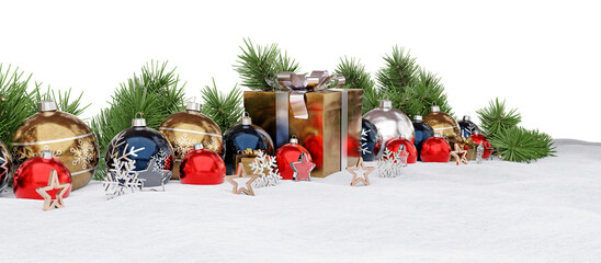 Isolated christmas decorations on snow. Golden and blue shiny baubles, ornaments, gifts and glossy stars. 3D rendering
