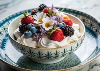 Whipped cream adorned with fresh berries and edible flowers in a delicate china bowl