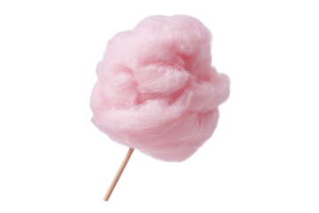 Fluffy pink spun sugar treat on a wooden stick against a black background