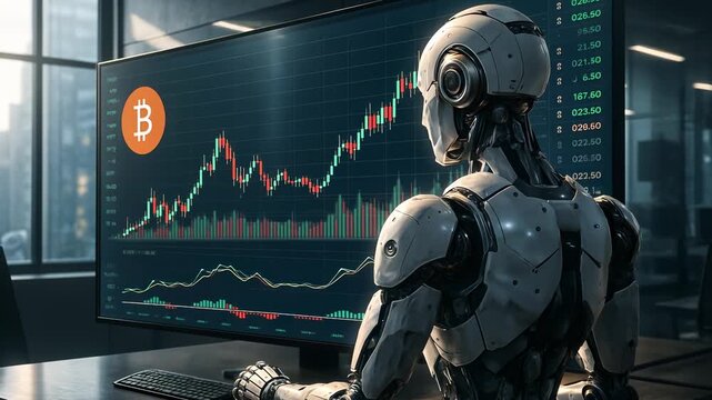 Futuristic robot analyzes bitcoin market on digital screens, representing artificial intelligence and finance. AI machine studies cryptocurrency graphs. data processing, financial technology concept.