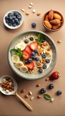 Wholesome oatmeal bowl with fresh fruits and nuts