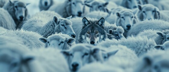 Wolf plan hiding among sheep group in farm waiting for hunt.