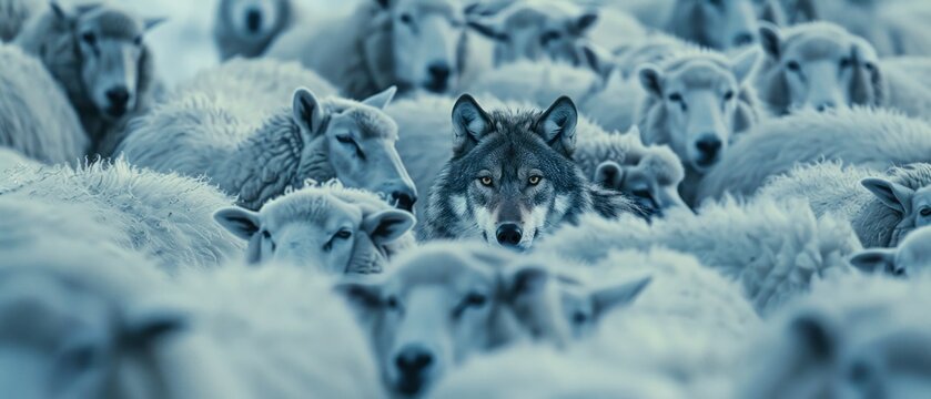 Wolf plan hiding among sheep group in farm waiting for hunt.