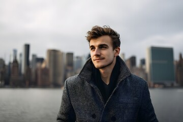 Elegant man contemplating with city skyline in background, fashion and lifestyle concept
