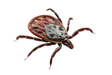 Macro shot of a parasitic insect with a dark, patterned body and eight legs against black