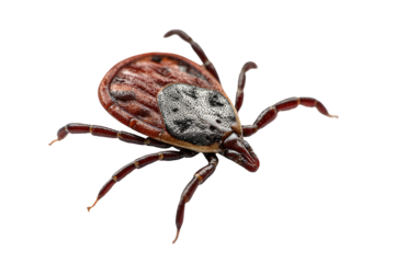 Macro shot of a parasitic insect with a dark, patterned body and eight legs against black