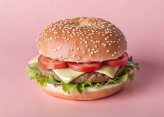 Overhead view of a juicy cheeseburger with a sesame seed bun