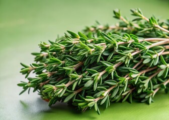 Close-up shot of a cluster of fresh thyme sprigs with intricate details