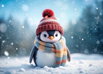Adorable penguin wearing a warm winter hat and matching scarf