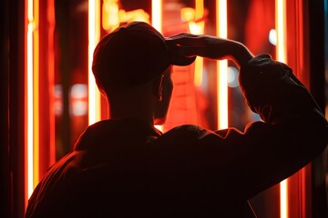 Person in silhouette adjusts cap against vibrant neon light display at night
