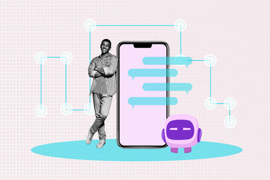 Trend photo banner 3d collage of happy man stand phone bubble communication phrase artificial intelligence innovation robot