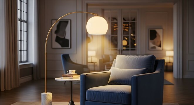 Living room interior with modern chair near lamp and table with tea set Artwork on wall for home design and decoration