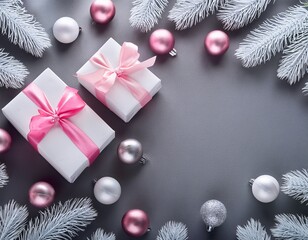 White and pink gift boxes on gray background with copy space with silver and pink glass balls and white pine branches
