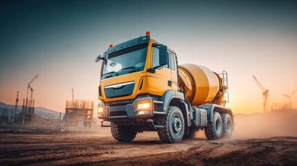 A vivid image of a yellow cement mixer truck on a construction site at dawn.