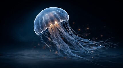 Translucent jellyfish floating in deep dark ocean water with glowing ethereal bioluminescence surreal marine life background for underwater nature wallpaper and aquatic design