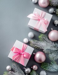 White and pink gift boxes on gray background with copy space with silver and pink glass balls and white pine branches