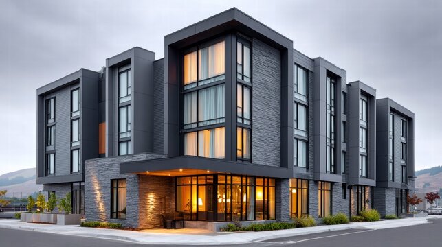 Modern hotel exterior with contemporary architecture and inviting ambiance.