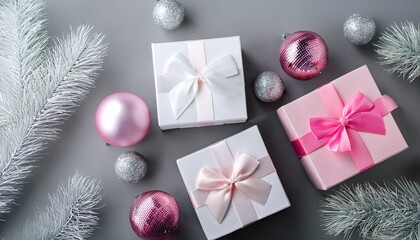 White and pink gift boxes on gray background with copy space with silver and pink glass balls and white pine branches