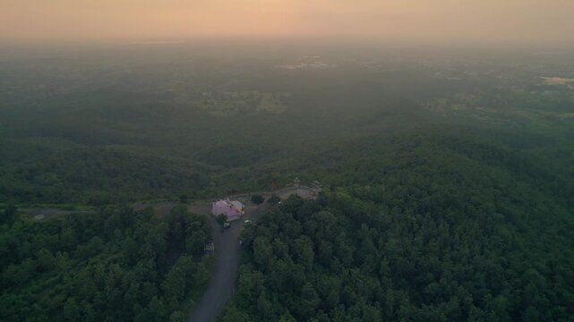 Aerial Drone Footage of Samai Mata Temple Architecture at Sunset in Banswara, near Udaipur, Rajasthan, India