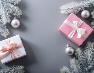 White and pink gift boxes on gray background with copy space with silver and pink glass balls and white pine branches
