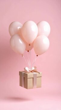 Celebratory gift box suspended by pink balloons against a matching pastel background, creating a cheerful and festive ambiance