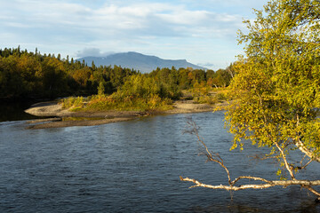Autumn river sunrise landscape golden birch trees mountains forest blue sky Sweden