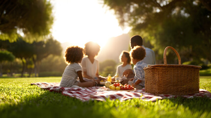 Family Picnic in Sunlight: A loving family enjoys a sun-drenched picnic on a checkered blanket in a peaceful park setting. The warmth of the sunlight bathes the scene.