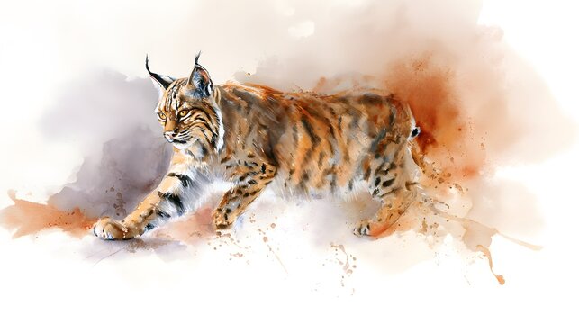 Majestic bobcat watercolor illustration captures wild beauty in warm amber russet tones