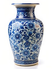 Delicate blue floral pattern on antique Chinese ceramic vase