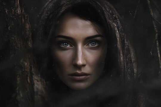 Mysterious woman with piercing eyes gazes intensely from beneath a dark hood