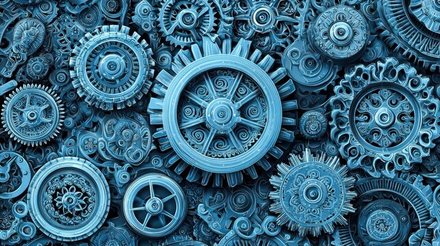 Intricate mechanical gears in a mesmerizing blue hue, showcasing industrial design.