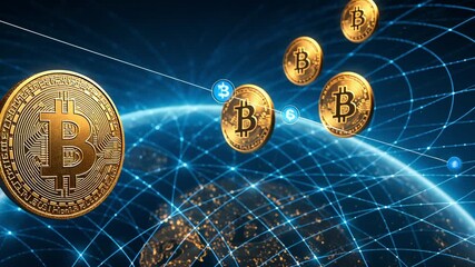 Golden coins float in digital space over blue network grid. cryptocurrency, blockchain and future finance system. Virtual currency in cyber background. digital economy, investment, money concept. - Powered by Adobe