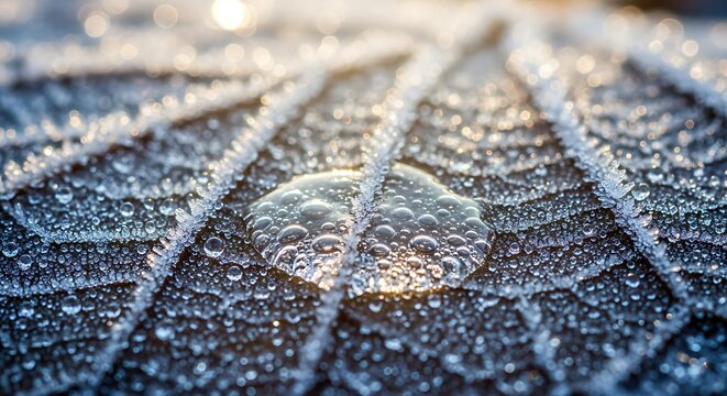 Macro photograph of a frozen leaf with sparkling ice crystals. - Powered by Adobe