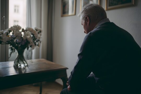 Elderly man sitting alone contemplates life's journey in quiet contemplation