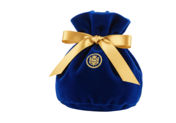 Isolated regal blue velvet drawstring pouch with gold ribbon and logo detail, luxury packaging