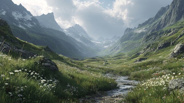 Vast mountain valley with blooming green moss and clear winding stream under soft sunlight peaceful remote wilderness nature landscape background - Powered by Adobe