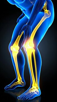 Human leg anatomy x-ray visualization showing knee joint pain and inflammation; medical illustration of bones and skeletal structure