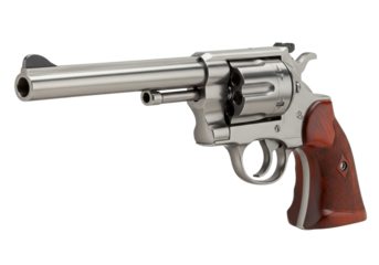 Isolated Long-Barreled Revolver with Wood Grip and Metallic Finish for Firearm Safety