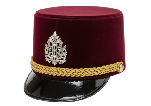 Isolated historical maroon hat with golden trim and silver crest emblem on front view