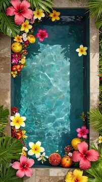 Tropical Spa Oasis With Exotic Flowers Floating In Turquoise Water Surrounded By Lush Greenery And Stone Border
