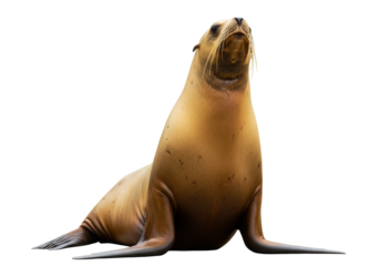 Isolated California sea lion is seated upright, looking upwards, whiskers visible indoors